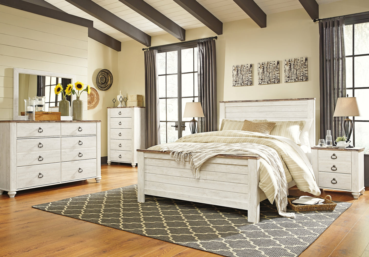 Willowton  Panel Bed With Mirrored Dresser, Chest And Nightstand