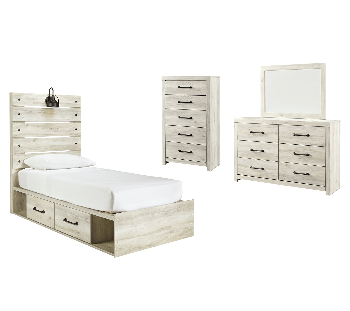 Cambeck  Panel Bed With 4 Storage Drawers With Mirrored Dresser And Chest