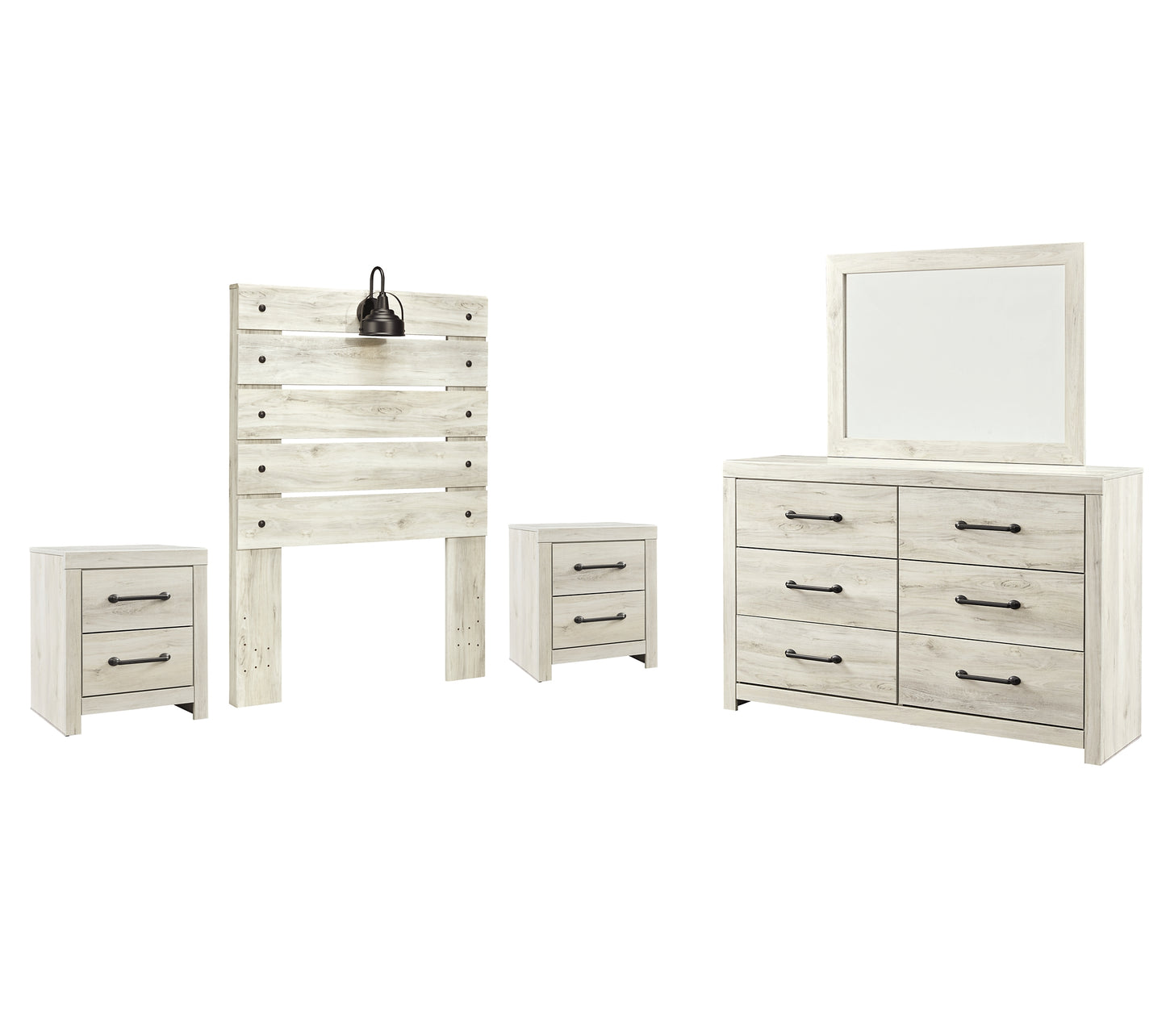 Cambeck  Panel Headboard With Mirrored Dresser And 2 Nightstands