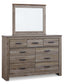 Zelen Queen Panel Bed with Mirrored Dresser, Chest and 2 Nightstands