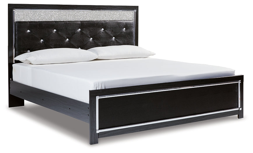 Kaydell King Upholstered Panel Platform Bed with Mirrored Dresser and Chest